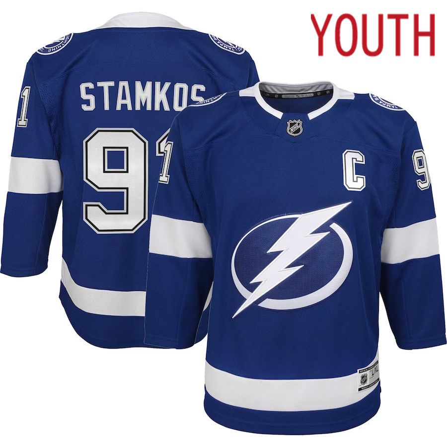 Youth Tampa Bay Lightning #91 Steven Stamkos Blue Home Captain Premier Player NHL Jersey